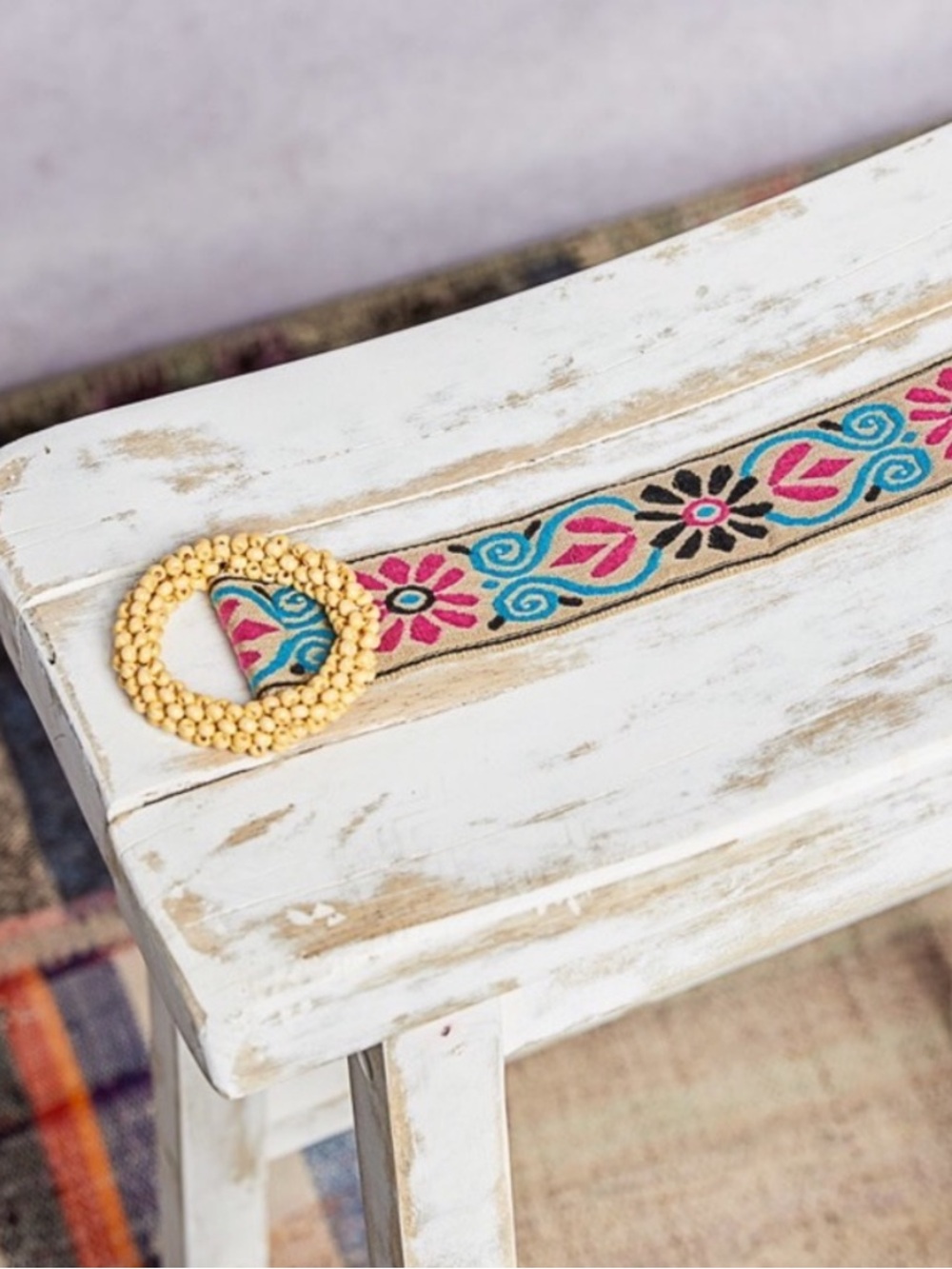 POL Embroidered Pink & Teal Floral Belt with Khali Beaded Buckle